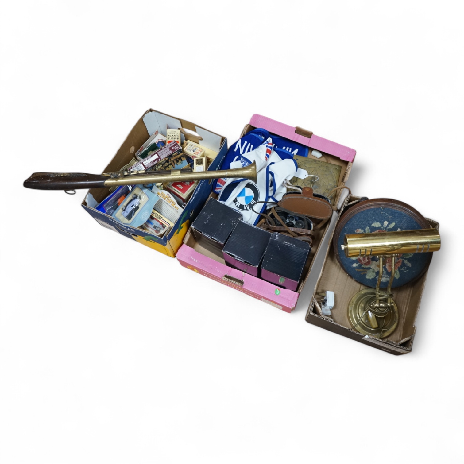 A student lamp, foot stool, sundial, beadwork stool, boxed toy cars, binoculars etc. Condition - varied